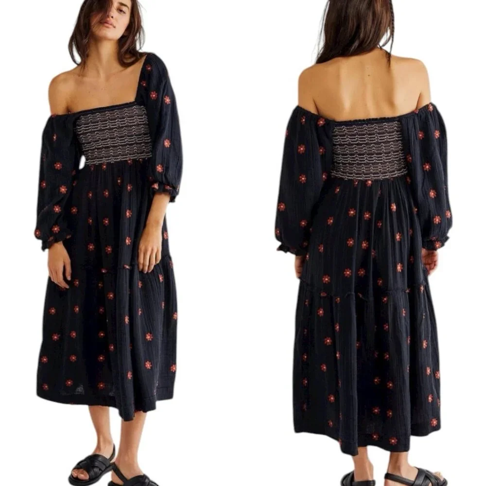 Free People‎ Dahlia Embroidered Maxi Dress Puff Sleeve Cottagecore Milk Maid M - Picture 2 of 13
